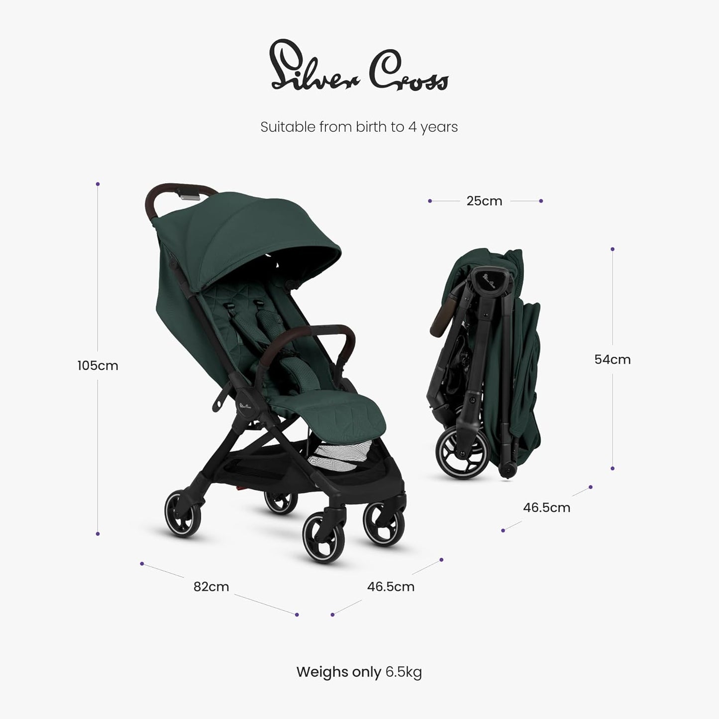 Silver Cross - Clic 2 Compact Stroller & Travel Bag - Travel Stroller For Life On The Go - Foldable & Lightweight - Suitable From Birth To 4 years - Conifer