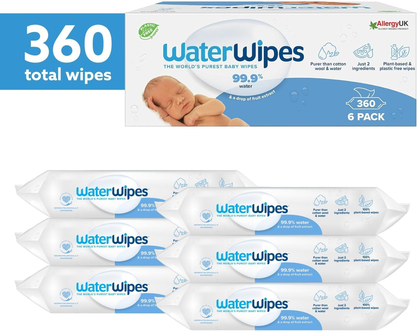WaterWipes Plastic-Free Original Baby Wipes, 99.9% Water Based Wipes, Unscented for Sensitive Skin, 360 Count (6 packs)