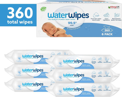 WaterWipes Plastic-Free Original Baby Wipes, 99.9% Water Based Wipes, Unscented for Sensitive Skin, 360 Count (6 packs)