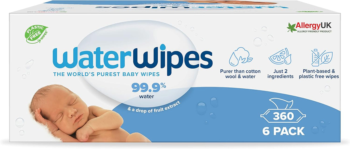 WaterWipes Plastic-Free Original Baby Wipes, 99.9% Water Based Wipes, Unscented for Sensitive Skin, 360 Count (6 packs)