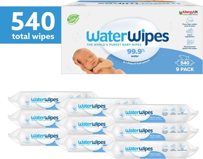 WaterWipes Baby Wipes 9x60 Pack Sensitive Newborn Biodegradable Unscented, 99.9% water (540 Wet Wipes), White (Packaging may vary)