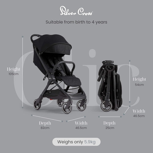 Silver Cross - Clic Compact Pushchair - Travel Stroller - Foldable & Lightweight Stroller - Cabin Size - Newborns to 4 years - Space