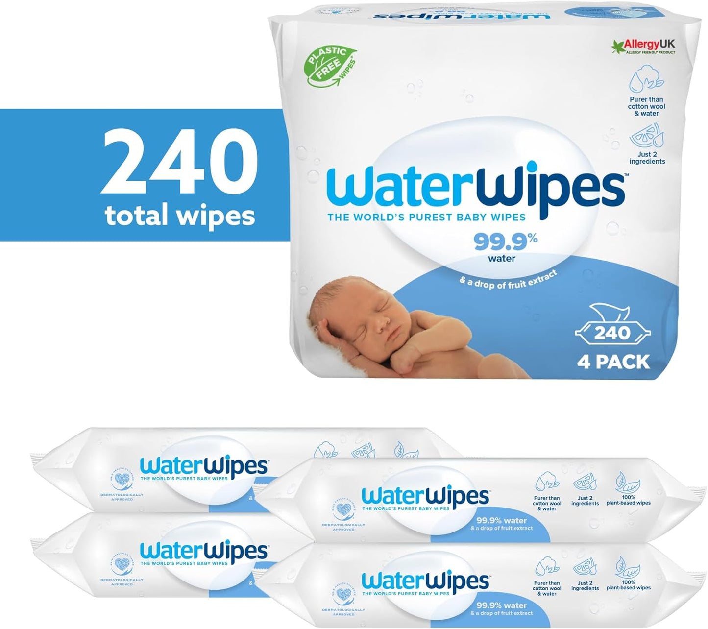 WaterWipes Original Baby Wipes, 240 Count (4 Packs), 99.9% Water-Based Wipes, Unscented, For Sensitive Skin, Packaging May Vary