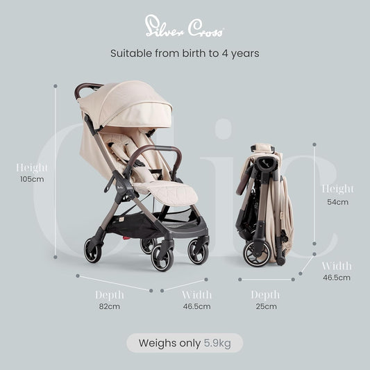 Silver Cross - Clic Compact Pushchair - Travel Stroller - Foldable & Lightweight Stroller - Cabin Size - Newborns to 4 years - Almond