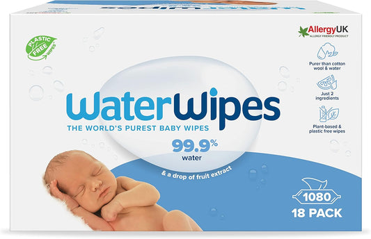 WaterWipes Plastic-Free Original Baby Wipes, 1080 Count (18 packs), 99.9% Water Based Wipes, Unscented for Sensitive Skin (Packaging may vary)