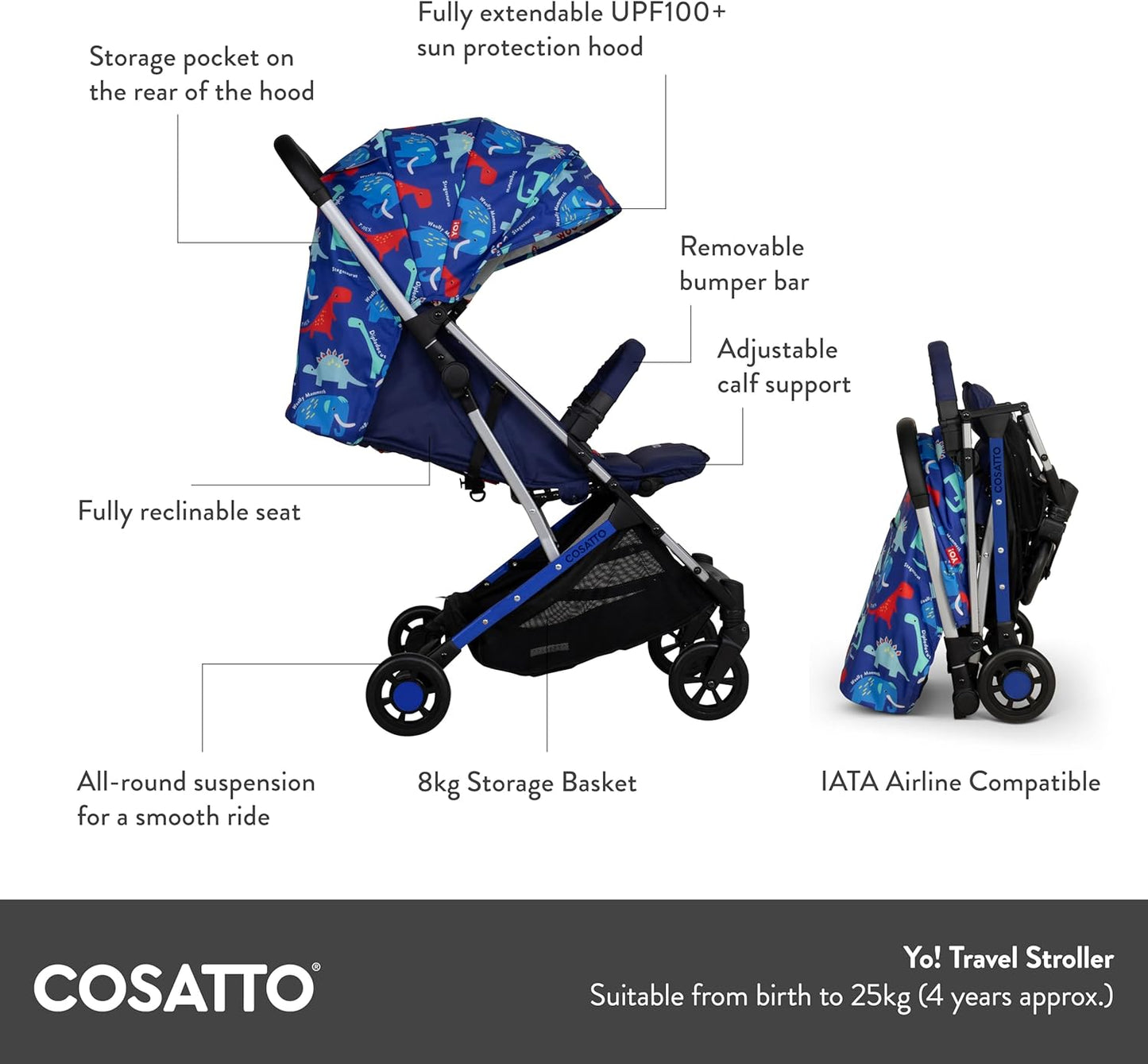 Cosatto Yo Travel Stroller - Baby Pushchair Lightweight Compact Fold from Birth to 25kg - Airline Compatible, One Hand Easy Fold, Large 8kg Shopping Basket, Free Raincover & Bumper Bar (Beep Beep)