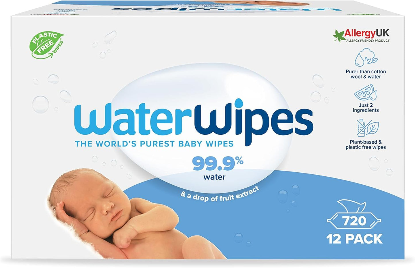 WaterWipes Plastic-Free Original Baby Wipes, 99.9% Water Based Wipes, Unscented for Sensitive Skin, 720 count (Pack of 12)