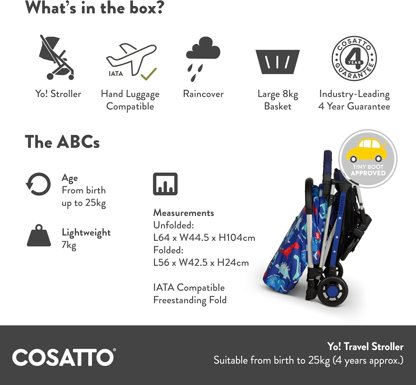 Cosatto Yo Travel Stroller - Baby Pushchair Lightweight Compact Fold from Birth to 25kg - Airline Compatible, One Hand Easy Fold, Large 8kg Shopping Basket, Free Raincover & Bumper Bar (Beep Beep)
