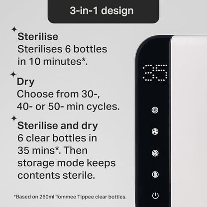 Tommee Tippee Ultra UV Steriliser, Dryer and Storage, Black, for Baby Bottles and Accessories, Steam-Free to Kill Viruses^ and 99.9% of Harmful Bacteria